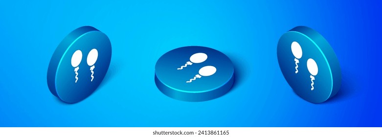 Isometric Balloons with ribbons icon isolated on blue background. Blue circle button. Vector