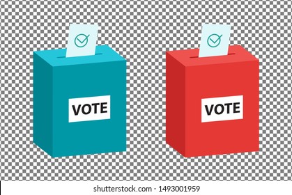  Isometric ballot in a ballot box, red and green color set. Vote bulletin into vote isometric box isolated on transparent background, vector eps10.