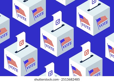 Isometric Ballot boxes with completed bulletins with check marks. US presidential elections illustration. Ballot boxes with american flag Presidential Elections in Democratic United States of America