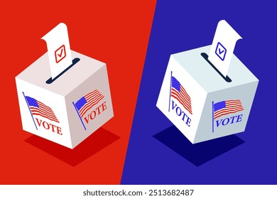 Isometric Ballot boxes with completed bulletins with check marks. Counting of votes of the democratic and republican candidate. Ballot boxes with us american flag on the red and blue background.