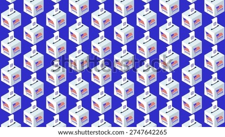 Isometric ballot boxes with completed bulletins and check marks. Pattern of boxes for US elections, voting concept, civic duty, election background, vector illustration.