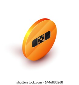 Isometric Bandage plaster icon isolated on white background. Medical plaster, adhesive bandage, flexible fabric bandage. Orange circle button. Vector Illustration
