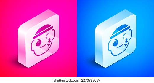 Isometric Bandit icon isolated on pink and blue background. Silver square button. Vector