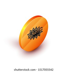 Isometric Bang boom, gun Comic text speech bubble balloon icon isolated on white background. Orange circle button. Vector Illustration