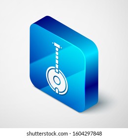 Isometric Banjo icon isolated on white background. Musical instrument. Blue square button. Vector Illustration