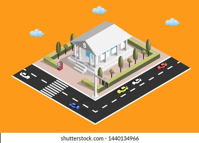 Isometric bank building. business and financial concept. 3d Bank building isolated on background.