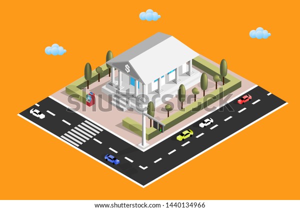 Isometric bank building. business
and financial concept. 3d Bank building isolated on
background.