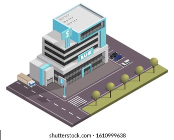 Isometric Bank Building with Car Parking in Front of Street Yard View.