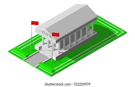 Isometric bank building with signboard on it vector illustration. Old finance institution surrounded by lawns and bushes.