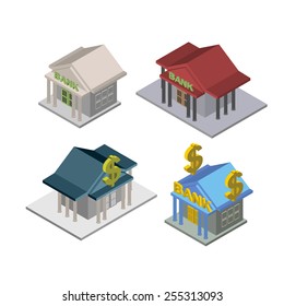 Isometric bank Building Vector set  illustration