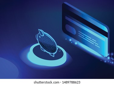 Isometric bank card and pig bank. Money  payment symbol. Vector illustration