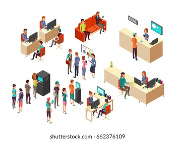 Isometric bank clients and employees for 3d banking services vector concept. Interior bank with client and department service illustration