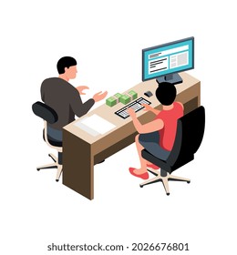 Composición de banco isométrica con empleado y cliente sentados en mesa con ilustración de vector de dinero