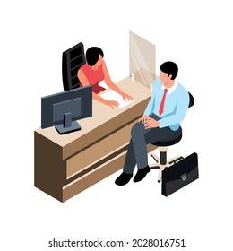 Isometric bank composition with client character sitting at bank desk with working clerk vector illustration