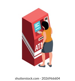 Composición de banco isométrica con carácter de cliente femenino trabajando con ilustración de vector atm