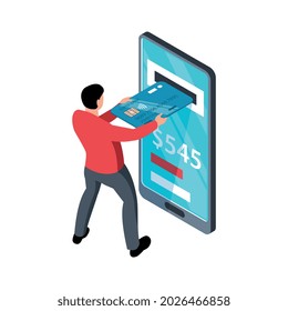 Composición de banco isométrica con caracteres humanos poniendo la tarjeta de crédito en el agujero en la ilustración vectorial de la pantalla del smartphone