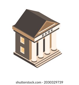 Composición de banco isométrica con imagen aislada de la fachada clásica del edificio del banco ilustración vectorial