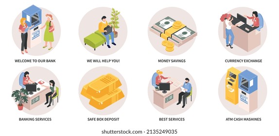 Isometric bank composition set with welcome to our bank we will help you money savings currency vector illustration