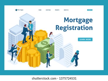 Isometric Bank employees draw up a mortgage loan, businessmen. Template Landing page.