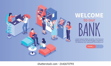 Isometric bank horizontal banner with welcome to our bank and more button vector illustration