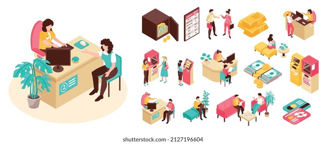 Isometric bank icon set bank safe with money atm terminals gold bars customer service manager credit cards and cash vector illustration