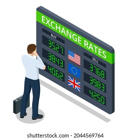 Isometric Bank Information board with different flags and currency for buy or sell. Foreign currency exchange rates. Currency exchange rate on digital LED display board