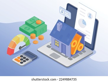 Isometric bank loan mortgage composition with money calculator credit score on color background 3d vector illustration