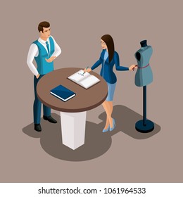 Isometric bank manager proposes to use the services of the bank, the tailor girl is considering the offer. Entrepreneur, Own business, work for yourself