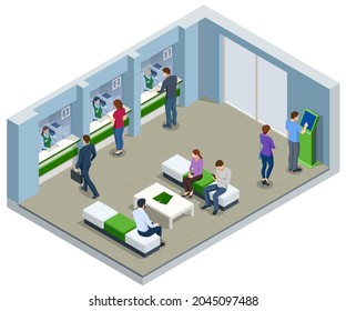 Isometric bank office. Bank employees sitting behind tables and serving bank customers. Financial center modern corporate interior design