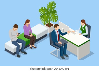 Isometric bank office. Bank employees sitting behind tables and serving bank customers. Financial center modern corporate interior design