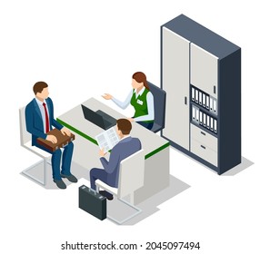 Isometric bank office. Bank employees sitting behind tables and serving bank customers. Financial center modern corporate interior design