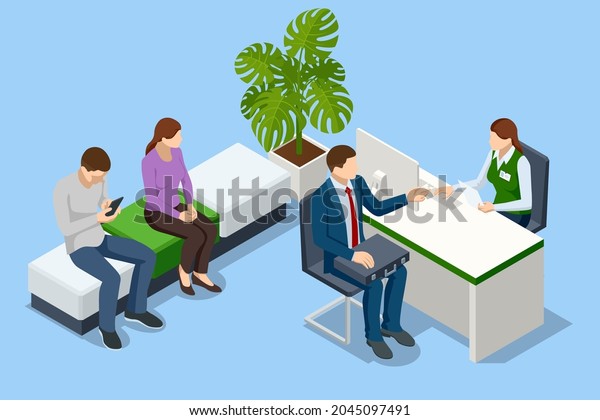 Isometric bank office. Bank employees sitting\
behind tables and serving bank customers. Financial center modern\
corporate interior\
design
