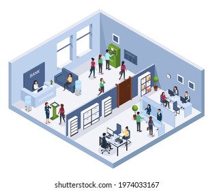 Isometric Bank Office. Reception, Waiting Area, Atm. Finance Consultants With Clients. Bank Interior With Clients And Employees 3d Vector Concept. Assistants Helping Visitors, Managers Giving Credits