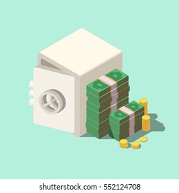 Isometric Bank Safe With Money Dollar Stacks. 3D Flat Vector Illustration.