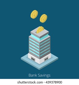 Isometric Bank Savings Business Concept. Flat 3d Isometry Web Site Conceptual Vector Illustration. Creative People Collection. Banking Security Safety Money Box Guarantees Fund Coins Building.