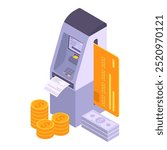 Isometric bank terminal. Payment or cash withdraw 3d vector illustration. Banking payment or currency exchange atm on white