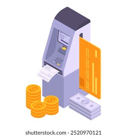 Terminal de banco isométrico. Ilustração do vetor 3d do pagamento ou do levantamento de dinheiro. Pagamento bancário ou ATM de câmbio de moeda em branco