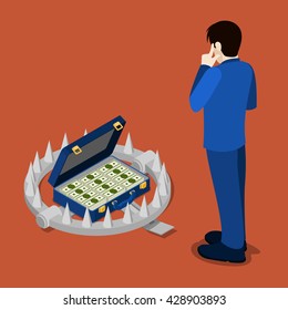 Isometric Bank Trap. Businessman Thinking About Credit. Vector flat 3d illustration