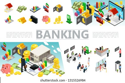 Isometric banking elements set with money payment cards safe case coins gold bars atm machine bank workers and clients in different situations vector illustration