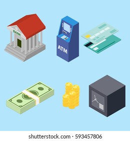 Isometric banking icons set with atm and cash machines isolated vector illustration. Symbols of Business and Finance: money, safe, card, Bank building, ATM, coin. Vector flat Isometric illustration.