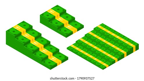 Isometric banknote stairs set. Money steps or cash pyramids collection. Cash flow stairs vector illustration