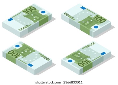 Isometric Banknotes in denominations of 100 euros on a white background. European Union paper money one hundred euros.