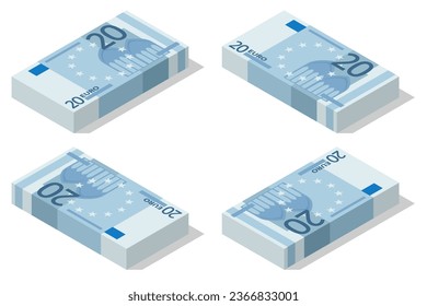 Isometric Banknotes in denominations of 20 euros on a white background. European Union paper money twenty euros.