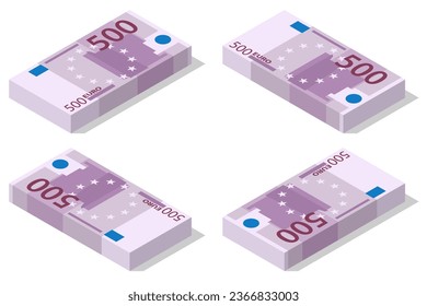 Isometric Banknotes in denominations of 500 euros on a white background. European Union paper money five hundred euros.