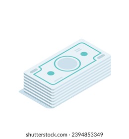 isometric banknotes lying in a stack, in color on a white background, banking financial system or loans and payments