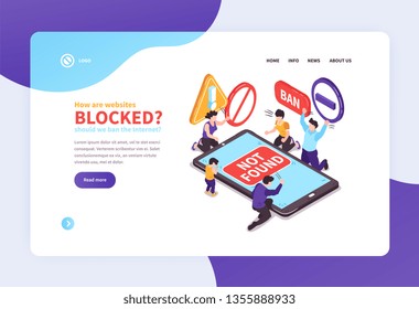 Isometric banned website concept banners web site landing page design background with text links and images vector illustration