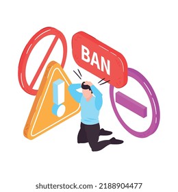 Concepto de sitio web prohibido isométrico con preocupados caracteres humanos y prohibiciones de prohibición señales 3d ilustración vectorial