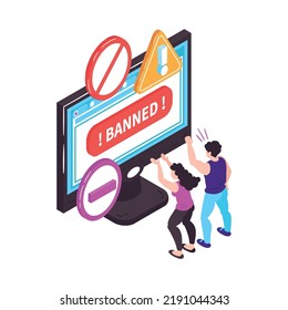 Isometric banned website concept with worried users in front of computer monitor 3d vector illustration
