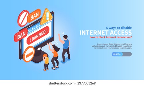 Isometric banned website horizontal banner composition with editable text more button and conceptual composition of images vector illustration