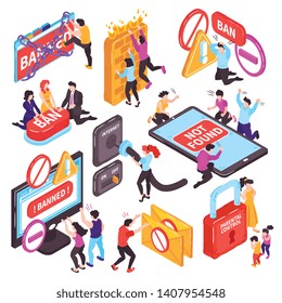 Isometric banned website prohibition set of isolated conceptual images with electronic devices pictogram icons and people vector illustration